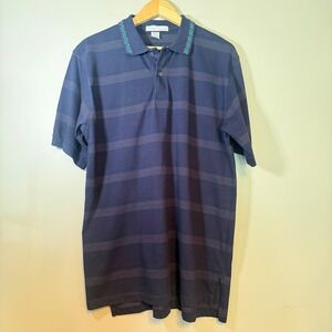Izod Club Mens Large Polo Shirt Navy Blue Striped Geometric Collar Vintage 90s